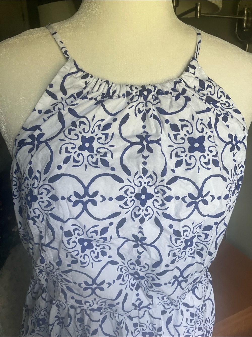 J Crew blue & white midi dress with elastic waist and tie in back of neck EUC 10